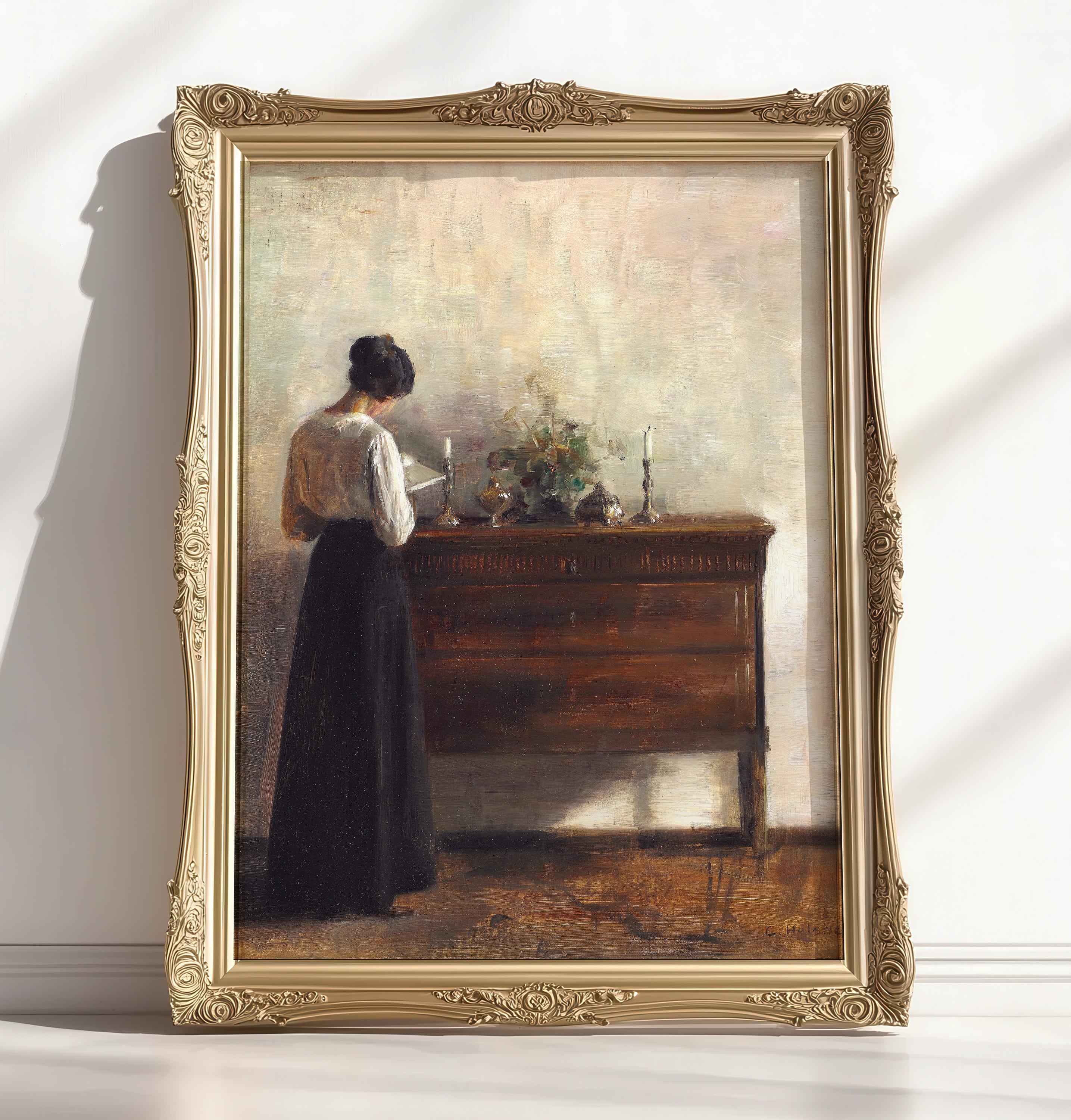 アンティークの女性画、読書をする女性の肖像画、カール・ホルソー