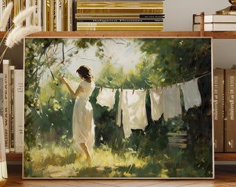 Laundry Room Art, Laundry Room Decor, Laundry Line Print, Woman Hanging Clothes, Vintage Painting, Laundry Wall Art, Rustic Farmhouse Decor