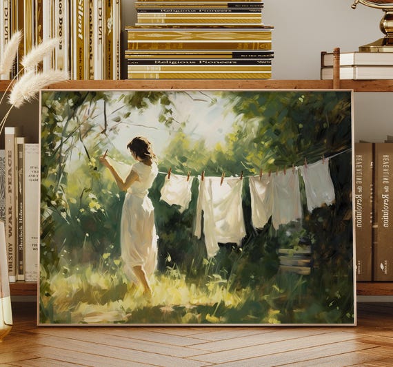 Laundry Room Art, Laundry Room Decor, Laundry Line Print, Woman Hanging Clothes, Vintage Painting, Laundry Wall Art, Rustic Farmhouse Decor