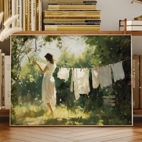 Laundry Room Art, Laundry Room Decor, Laundry Line Print, Woman Hanging Clothes, Vintage Painting, Laundry Wall Art, Rustic Farmhouse Decor