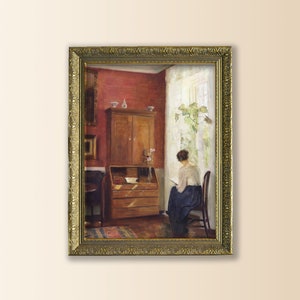 Impresión artística enmarcada de mujer leyendo, arte de pared enmarcado vintage, pintura de retrato melancólico, arte de mujer vintage, decoración de biblioteca para el hogar, pintura al óleo