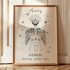 impressão personalizada do zodíaco de gêmeos, decoração de gêmeos, presente do zodíaco de gêmeos, impressão do signo do zodíaco, impressão personalizada de gêmeos, presente personalizado de gêmeos