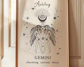 personalized gemini zodiac print, gemini decor, gemini zodiac gift, zodiac sign print, custom gemini print, personalized gemini gift