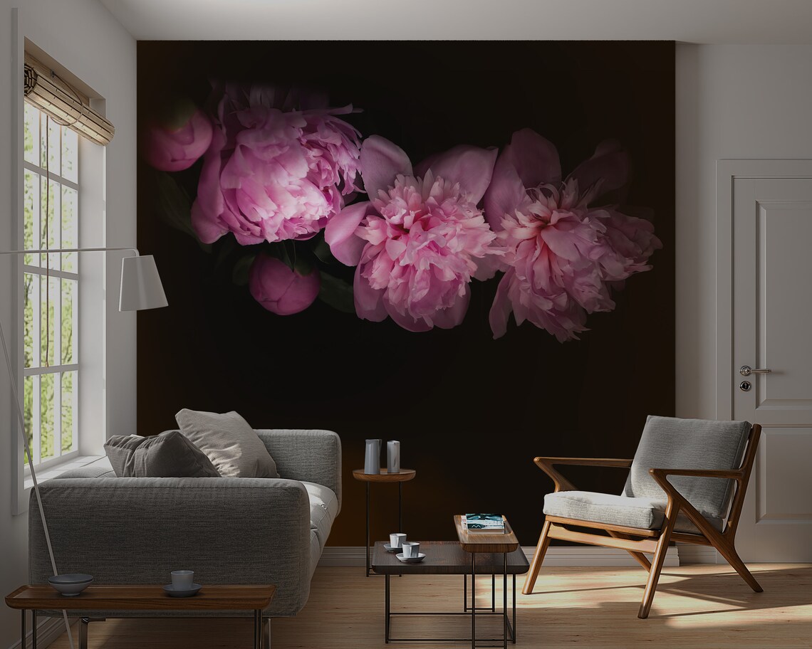 Peony Wall Mural, Dark Peony Wallpaper, Dark Floral Wallpaper Peel and ...