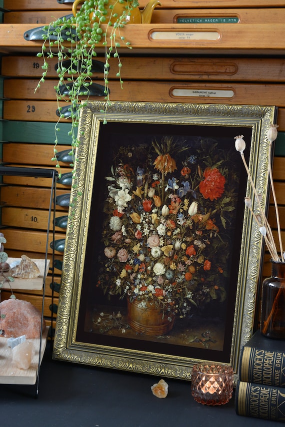 dark floral wall art framed, dark cottagecore print, moody vintage framed flower print, above bed art, flower oil painting, dining room art