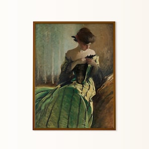 Woman in Green Dress print, Vintage Woman Painting, Moody Romantic Room Decor, Green Vintage Portrait Print, Vanity Decor, Victorian Woman