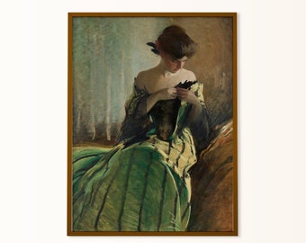 Woman in Green Dress print, Vintage Woman Painting, Moody Romantic Room Decor, Green Vintage Portrait Print, Vanity Decor, Victorian Woman