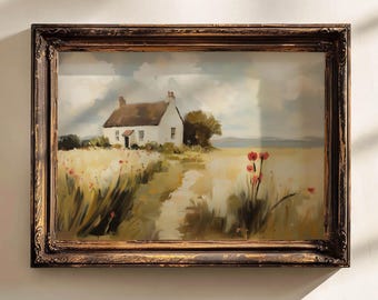 Letni domek nad morzem, rustykalny angielski domek wiejski, obraz olejny z pejzażem, sztuka ścienna Cottagecore, nastrojowy domek w stylu wiejskim