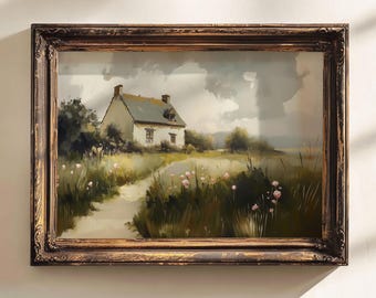 Angielski wiejski domek, wydruk z krajobrazem w stylu vintage, angielski domek, obraz z krajobrazem w stylu vintage, rustykalny krajobraz