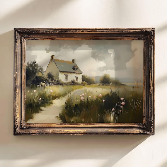 English Countryside Cottage Print, Vintage Landscape Print, English Cottage Art Print, Vintage Landscape Painting, Rustic Landscape
