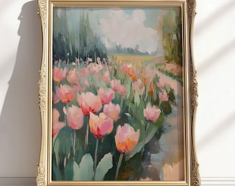 Letni wydruk tulipanów, wiosenne pole tulipanów, kwiatowa wiosenna sztuka ścienna, kolorowy obraz olejny z łąką tulipanów, pastele miękkie, wiosenny wystrój domu