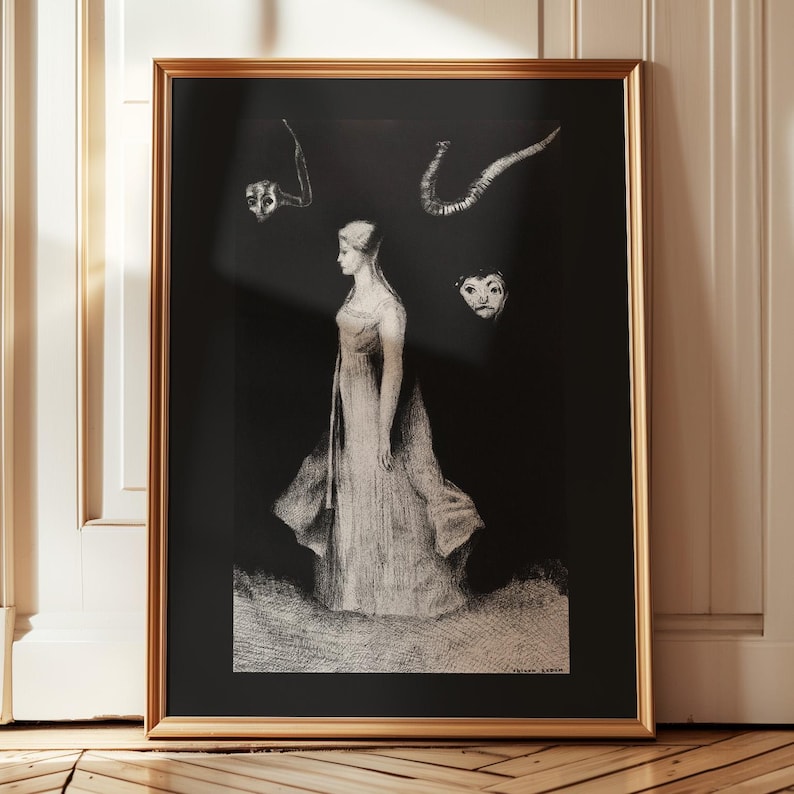 May include: A black and white illustration of a woman in a long dress, with three masks in the background. The masks are a skull, a horned head, and a human face.