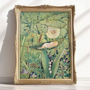 Sztuka w stylu vintage z bajki dla dziewczynki, plakat z Calinką, sztuka Elsy Beskow, sztuka fantasy dla dzieci w stylu vintage, sztuka ścienna do pokoju dziecięcego w stylu vintage