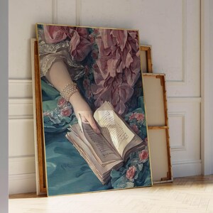 A large painting depicting a hand holding an open book, surrounded by a floral background.