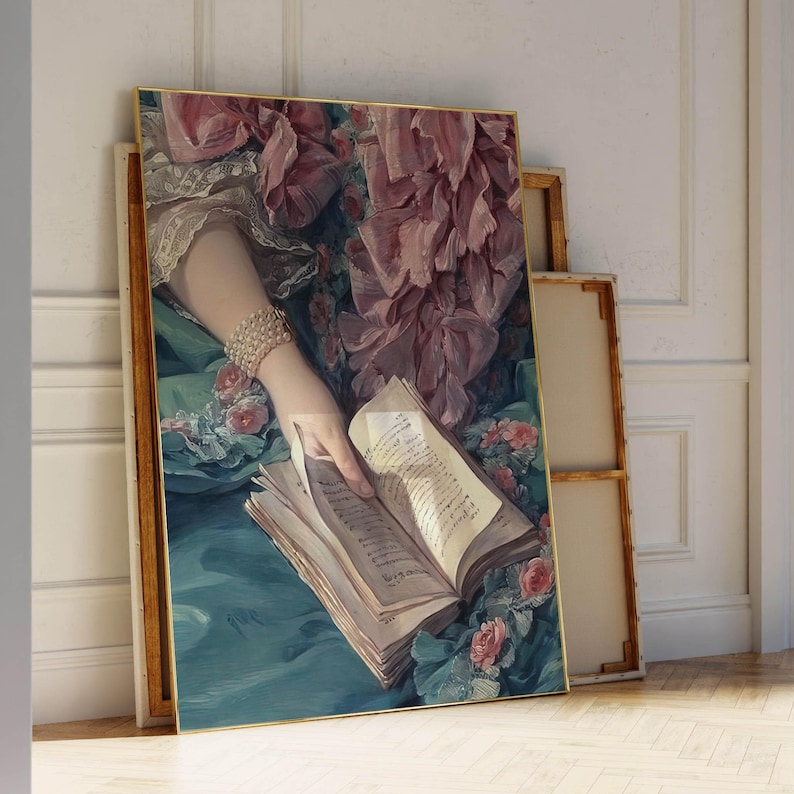 A large painting depicting a hand holding an open book, surrounded by a floral background.