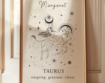 Impresión personalizada del zodiaco Tauro, arte mural astrológico, regalo del zodiaco Tauro, arte mural Tauro, impresión personalizada de Tauro, regalo personalizado de Tauro