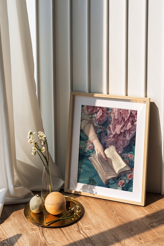 Woman Reading Print, Reading Book Poster, rococo art, art details, reading nook decor, book lover gift, home library decor, teal wall art