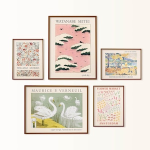 dänisch pastell galerie wand-set, eklektische wandkunst, pastell wanddekor, blumenmarkt print, william morris, bunte galerie wand, schwan druck