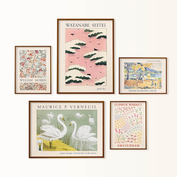 danish pastel gallery wall set, eclectic wall art, pastel wall decor, flower market print, william morris, colorful gallery wall, swan print