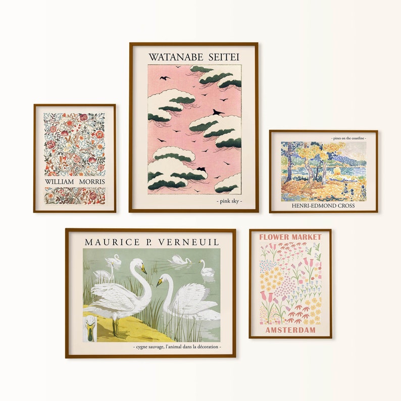 May include: Five framed art prints with different designs. The top left print features a floral pattern with the text "William Morris". The top right print features a pink sky with clouds and birds, with the text "Watanabe Seitei - pink sky - ". The bottom left print features a white swan with the text "Maurice P. Verneuil - cygne sauvage, l'animal dans la d&eacute;coration - ". The bottom right print features a floral pattern with the text "Flower Market Amsterdam". The center print features a landscape with trees and water with the text "Henri-Edmond Cross - pines on the coastline - ".