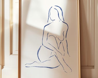 Delicaat vrouwelijk lichaam lijntekening - minimalistische blauwe kunstdruk