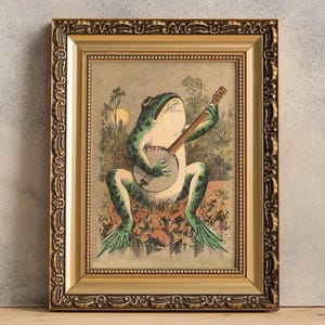 impression de grenouille drôle, affiche vintage de grenouille rétro jouant du banjo, affiche rétro, art mural cottagecore, impression d'art de grenouille 24 x 36, cadeaux de grenouille, affiche de grenouille
