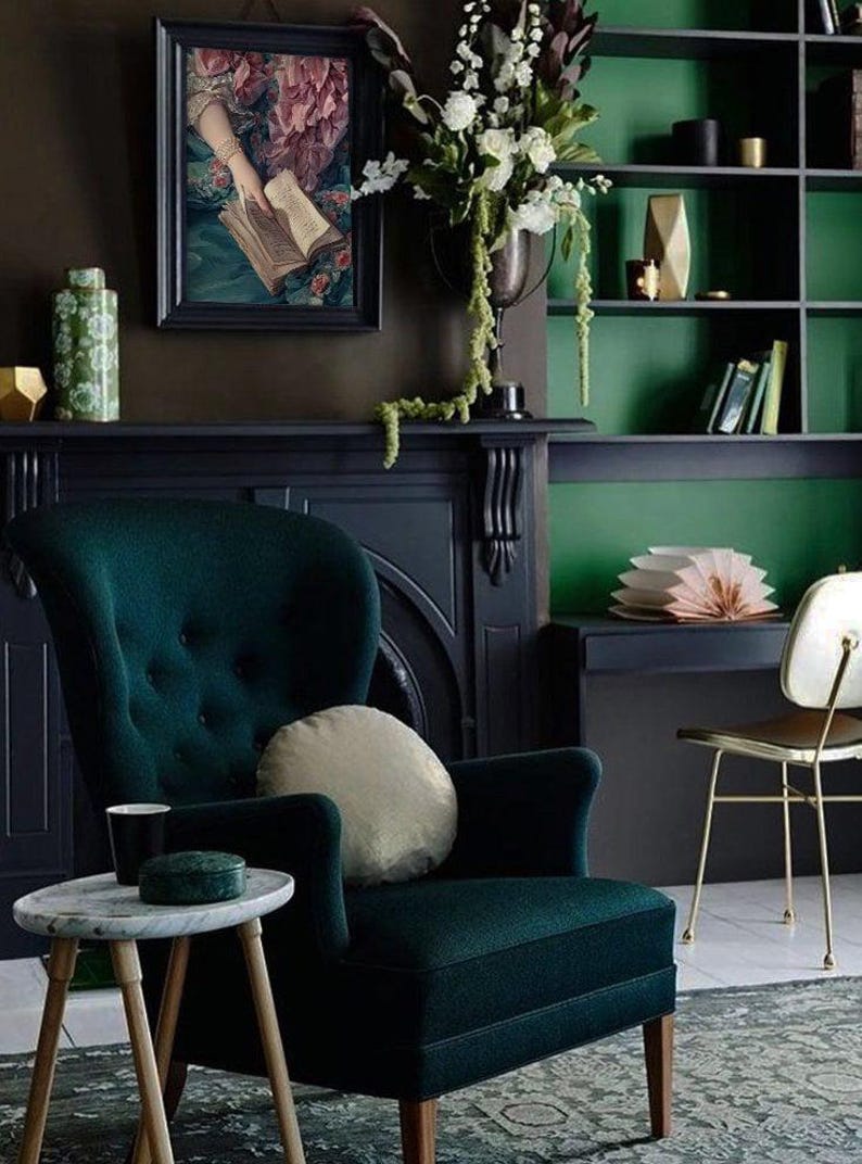 Afdruk vrouw lezend: rococo-boekkunst (blauwgroen en roze, boekenwurmcadeau) afbeelding 8