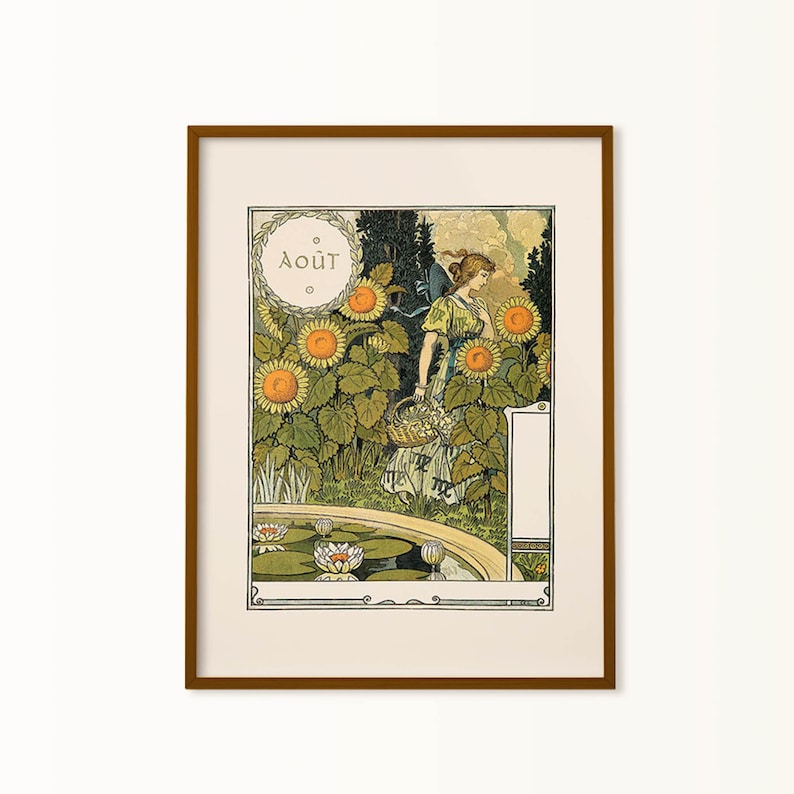 Puede incluir: Una ilustraci&oacute;n vintage de una mujer en un campo de girasoles. La mujer lleva un vestido blanco con un corpi&ntilde;o verde y un sombrero de paja. Lleva una cesta de flores. El texto "Ao&ucirc;t" est&aacute; escrito en una fuente decorativa en la parte superior de la imagen.