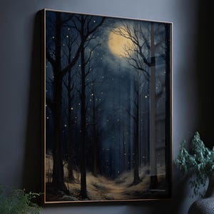 Vollmond Art Print, Nachtlandschaft, Wald bei Nacht Druck, Nocturne Malerei, Natur bei Nacht, Dunkler Cottagecore Art, Dunkle Academia