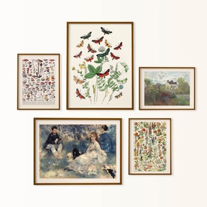 cottagecore gallery wall set, vintage gallery wall art set, naturalist set of 5 prints, botanical wall art, butterfly art, mushroom print,