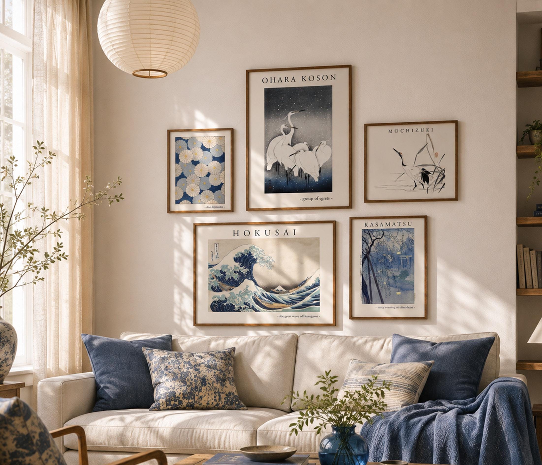 japanese gallery wall art set of 5 asian art print, blue gallery wall set, woodblock print, great wave off kanagawa, asian wall decor, crane