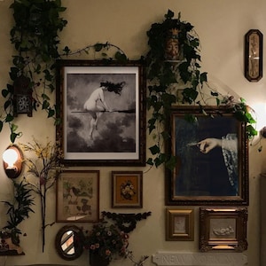 May include: A wall gallery featuring a variety of framed artwork, including a black and white illustration of a woman riding a broomstick, a painting of a hand holding a feather, and a framed print of a floral design. The gallery is decorated with greenery and a small light fixture.