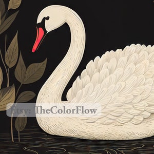 May include: A white swan with a red beak, swimming in a dark water with gold accents. The swan's feathers are detailed and textured. The background is black with gold leaf accents.