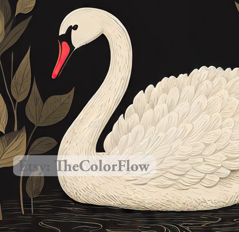 May include: A white swan with a red beak, swimming in a dark water with gold accents. The swan's feathers are detailed and textured. The background is black with gold leaf accents.