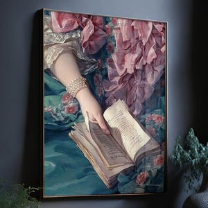 A painting of a woman's hand holding an open book, surrounded by a floral background.