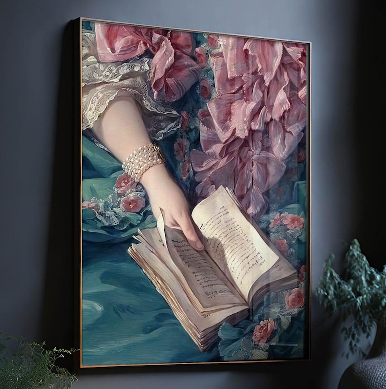 A painting of a woman's hand holding an open book, surrounded by a floral background.