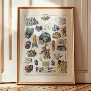 mineralenposter, kristallen plankdecor, mineralenkaart, vintage natuurlijke historie, edelstenenafdruk, mineralogie, kristalesthetiek, geologieafdruk