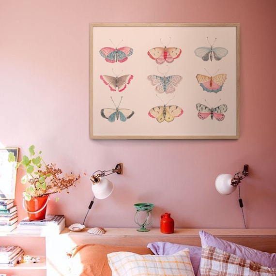 Vintage Butterfly Art Print, Cottagecore Poster, 18x24 Art Print Danish Pastel Butterfly Wall Art, Girls Room, Pastel Nursery Vintage Art