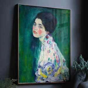 Gustav Klimt print, portrait of a lady, vintage portrait 18x24 art print, woman painting, moody classical art print, emerald green wall art