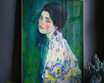 Gustav Klimt print, portrait of a lady, vintage portrait 18x24 art print, woman painting, moody classical art print, emerald green wall art