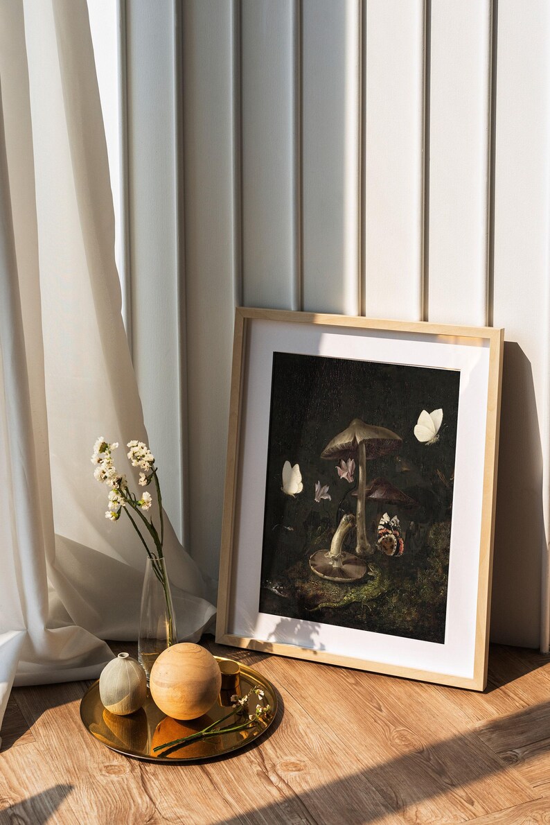 Dark Cottagecore Art Print, Moody Dark Academia Wall Art, Dark Botanical Print, Moody Oil Painting, Mushroom Print, Dark Forest Goblincore image 5