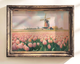 Floral Print, Oil Painting Print, Pink Tulip Print, Landscape Painting, Cottagecore Wall Art, Dutch Windmill, Floral Spring Art, Soft Colors