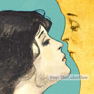 Puede incluir: Una ilustraci&oacute;n vintage de una mujer y una luna creciente que se miran. La mujer tiene el pelo oscuro y lleva un vestido blanco. La luna es amarilla y tiene una cara humana. El fondo es de color azul claro. El texto "Etsy: TheColorFlow" es visible en la esquina inferior derecha.