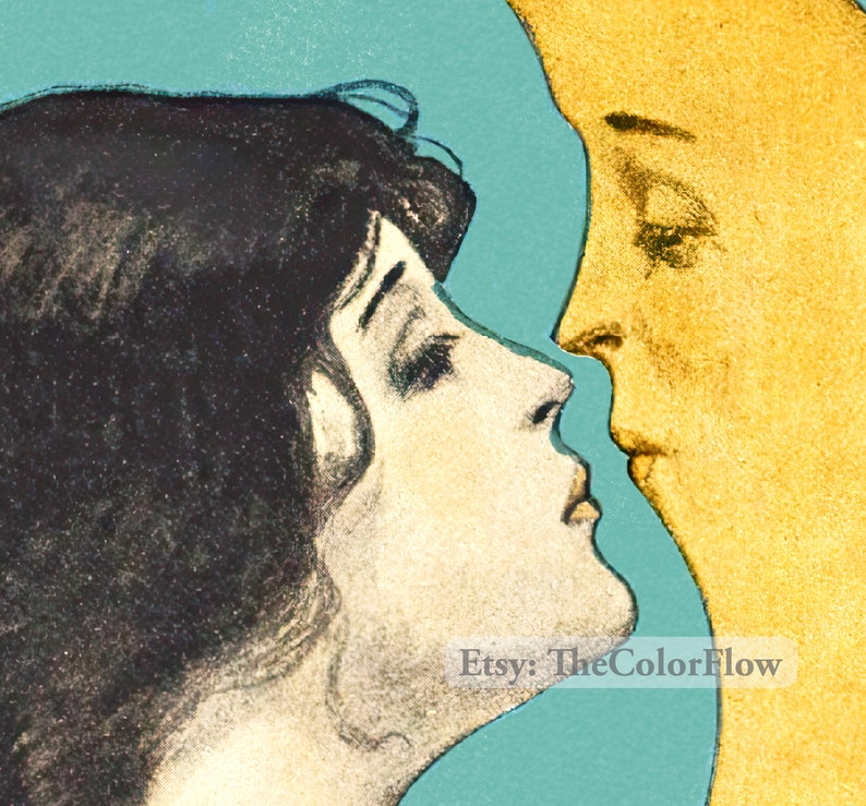 Puede incluir: Una ilustraci&oacute;n vintage de una mujer y una luna creciente que se miran. La mujer tiene el pelo oscuro y lleva un vestido blanco. La luna es amarilla y tiene una cara humana. El fondo es de color azul claro. El texto "Etsy: TheColorFlow" es visible en la esquina inferior derecha.