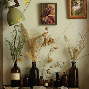 May include: A collection of dried flowers and grasses in brown glass bottles arranged on a wooden shelf with a drawer. The shelf has a small butterfly design on the drawer. Two framed pictures hang on the wall behind the shelf.