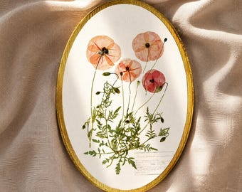 Geperste bloemenkunst, houten decor, klaproosprint, Franse countryart, decor cottage kern, print op canvas, ovale plaquette, ingelijste muurkunst