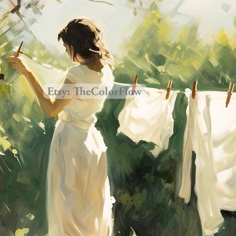 Puede incluir: Una mujer con un vestido blanco cuelga ropa blanca en un tendedero en un jard&iacute;n verde. El sol brilla intensamente en el fondo.