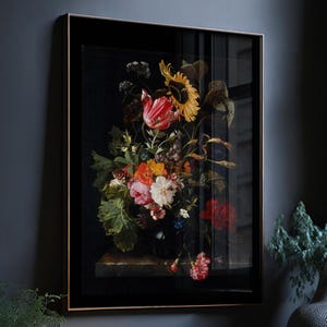 black flower print, Dutch flower painting, dark botanical wall art, dark oil painting, dining room art, moody flower still life, sunflower