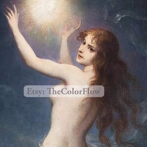 May include: A painting of a woman with long, flowing brown hair reaching towards a bright white light. The woman is nude and her body is illuminated by the light. The background is a dark blue.