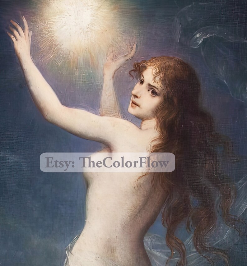May include: A painting of a woman with long, flowing brown hair reaching towards a bright white light. The woman is nude and her body is illuminated by the light. The background is a dark blue.
